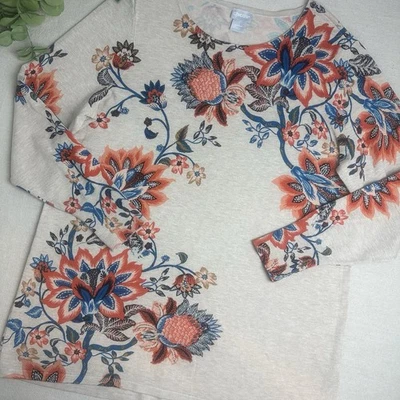 Suéter Chico’s Talla 1 (M) Palampore Floral Naranja Turquesa Artístico Manga Larga Foto 1 de 4