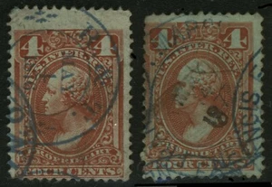 2x RB14a 4 CENTS PROPRIETARY Revenue Tax Stamps CV$20 Handstamp Cancels Used - Picture 1 of 2