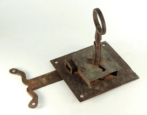 Antique 17th c. Door Lock & Latch Set  Hand Forged Iron Original Skeleton Key Cover