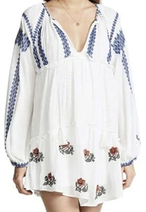 Free People White Wild Horses Embroidery Tassel Tie Boho MiniDress S - Picture 1 of 4