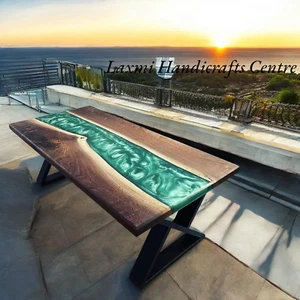 48"x24" Unique Green Epoxy Resin Art Dining Table Top Wooden Live Edge Furniture - Picture 1 of 11