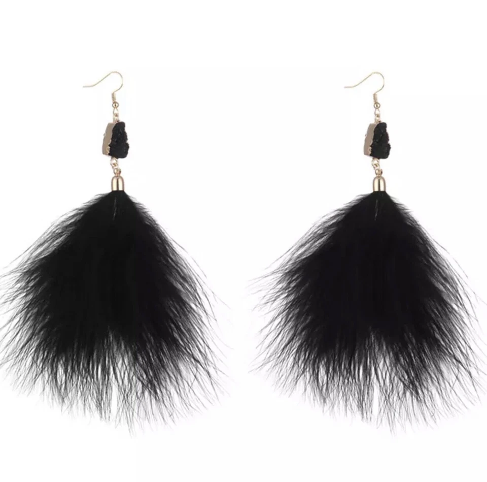 Boho Black Feather Druzy Stone Drop Hook Earrings Nickel Free Hypoallergenic - Image 1 of 1