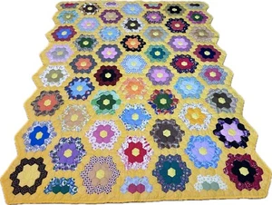 Vintage Grandmothers Flower Garden Yellow Hand Sewn Quilt 76"X 92" Scalloped EXC - Picture 1 of 21