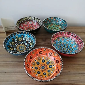 5x Evil Eye Pottery Bowl Set, Decorative Salad Meze Snack Tapas Bowls Set  - Picture 1 of 12