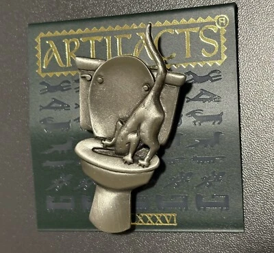 VTG J.J. Jonette Brooch 2.5x1.25” Pewter Cat Drinking From Toilet  0019 - Image 1 of 3