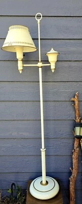 VINTAGE IVORY METAL BRASS GOLD SWAGS TOLE STUDENT FLOOR LAMP GLASS SHADE - Image 1 of 4