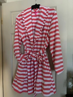 NUEVO SIN ETIQUETAS BETSEY JOHNSON NARANJA RAYA LG BATA CORTA CINTURÓN VOLANTES CORBATA INTERIOR/EXTERIOR Foto 1 de 4