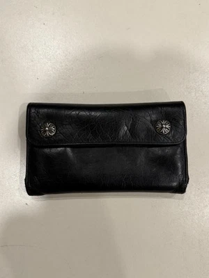 Chrome Hearts Wave Wallet Black Leather Silver Cross Snaps .925 Sterling - Image 1 of 4