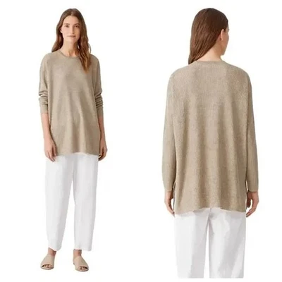 Suéter Eileen Fisher Mujer 1X Túnica de Lino Cuello Redondo Pullover Caqui Acanalado Foto 1 de 4