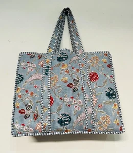 Indisch grau Blumendruck gesteppte Schultertasche Damen Strand Baumwolle Beuteltasche Handtasche USA - Bild 1 von 4