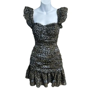 Leopard Print Dress Womens Small Ruched Ruffle Mini Puff Sleeve Sweetheart Neck - Picture 1 of 16