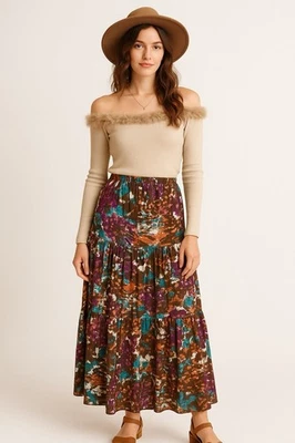 Maxi Falda JH Collectibles Para Mujer Talla 14 Multicolor Floral 100% Algodón Boho Foto 1 de 4