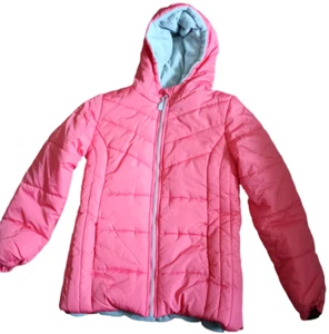 LONDON FOG GIRLS PINK HOODED PUFFER JACKET BEANIE HAT DARK GREY L /14-16 - Picture 1 of 8