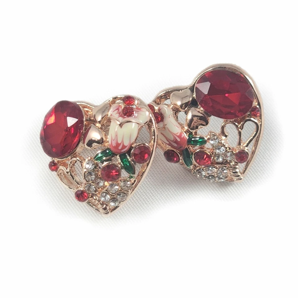 Womens Earrings Heart Shaped Earring Set New Ruby Red Rose Gold Tone Rhinestone - Image 1 of 4
