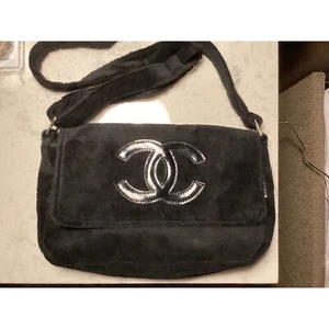 Chanel Precision Flap Bag Crossbody Black Plush Silver Logo - Picture 1 of 8