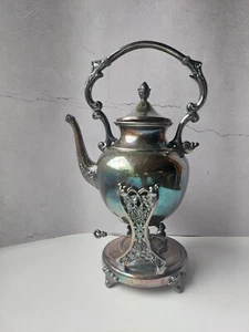 Victorian Style Silver On Copper Teapot with Stand + Burner Antique Vintage - Picture 1 of 20
