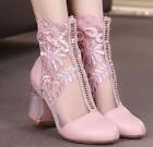 Womens Block Heel Sandals Lace Floral Ankle Boots Pointy Toe Shoes Hollow Heels
