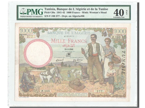 [#12426] Banknote, Tunisia, 1000 Francs, 1941, 1941-08-18, KM:20a, graded, PMG Cover