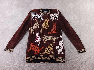 Vintage 80s Deadstock Berek Pullver Sweater Kitty Cat Small Soft Black Brown - Picture 1 of 11