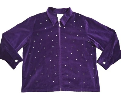 Quacker Factory Purple Jacket 1X Women's Velvet Rhinestone Zip Up Brooch Extra - Image 1 of 4
