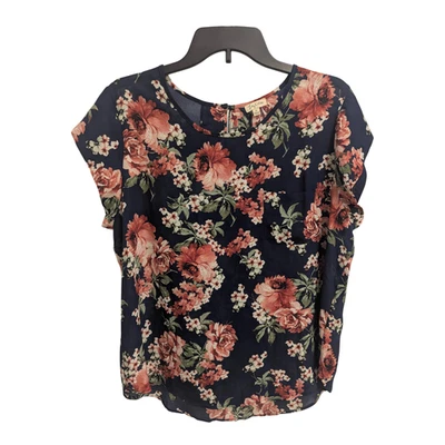 Lily White Floral Blouse XL Navy Pink Short Sleeve Top Lightweight Boho NWOT - Image 1 of 4