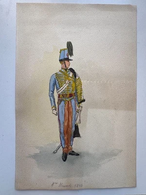 Antique 19th C French Gouache Painting on Paper Napoleonic Military Uniform 7x10 - Image 1 of 4