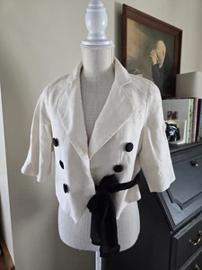 3.1 Phillip Lim Womens Linen Cotton Cropped Blazer Jacket Size 6 Ivory Black  - Picture 1 of 10