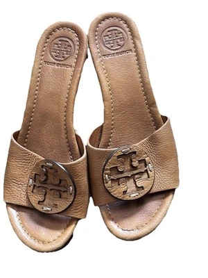 Sandália Tory Burch Wedge Mules tamanco couro salto madeira sapatos femininos 8.5 - Imagem 1 de 4