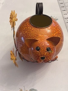 Orange Enameled Cat Metal Watering Can w/ Metal Flowers Open Box No Crystals - Picture 1 of 24
