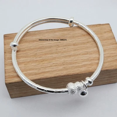 Pure 999 Fine Silver Bangle Gourd Bead Women Adjustable Bangle 2.36" Dia. - Image 1 of 4