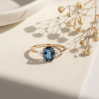 Oval Cut Lab Created Blue Topaz Engagement Ring 14K Yellow Gold Diamond Ring - Image 1 of 4