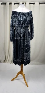 Asos Black Off Shoulder Midi Paisley Scarf Print Dress Size 16 Uk CR054 AA 06 - Picture 1 of 7