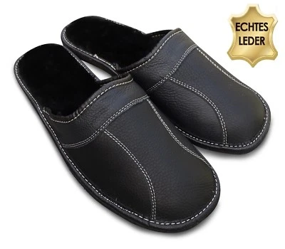 Herren Hausschuhe Pantoffeln Leder schwarz mit Warmfutter Gr. 40 - 48
