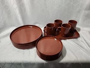 19 VTG Oblique by PMC Brick Red Brown Melamine Dinner Salad Plate Cup & Tray Set - Picture 1 of 4
