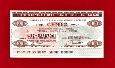 RARE 100 Lire Cento 1977 BANCHE POPOLARI ITALIANE - ITALY / VERONA UNC BANK NOTE - Image 1 of 2