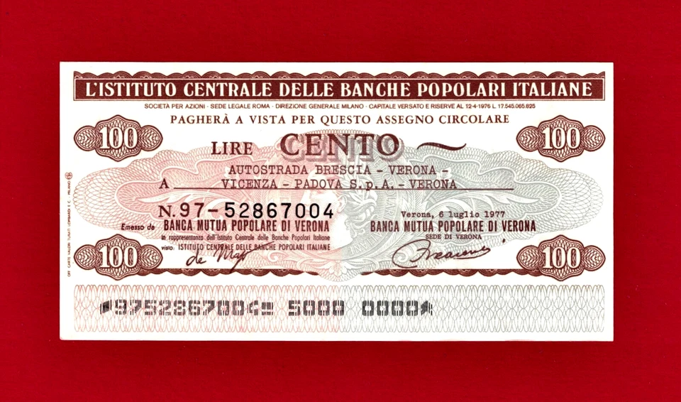 RARE 100 Lire Cento 1977 BANCHE POPOLARI ITALIANE - ITALY / VERONA UNC BANK NOTE - Image 1 of 2