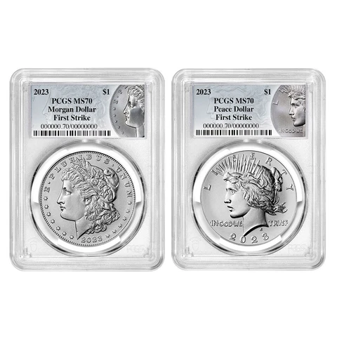 2023 $1 Morgan and Peace Silver Dollar 2pc Set PCGS MS70 FS Morgan & Peace Label Cover
