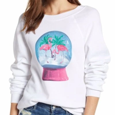 Sudadera para mujer blanca Wildfox Snowy Tropics Flamingo Globe talla L Foto 1 de 4