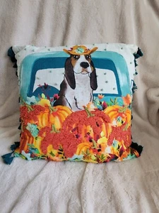 Pioneer Woman Pillow 18x18” Charlie Hound Dog Autumn Pumpkin Tassle Embroidered - Picture 1 of 7