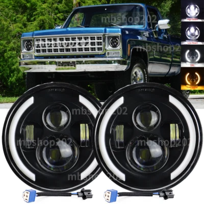 Pair Fit Chevy C10 K10 K20 K5 1975-1980 105W 7" Round LED Headlights Hi/Lo Beam - Image 1 of 4
