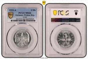 Weimar 3 Mark Aluminium J.302 1922 A Brilliant Uncirculated PCGS MS66 90037 - Picture 1 of 1