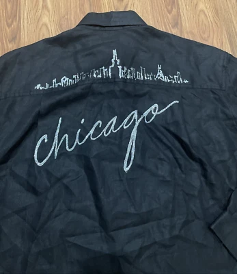 Bruno Shirt Mens Large Linen Embroidered Chicago Skyline Button Front Black - Image 1 of 4