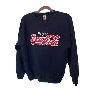 Vintage Enjoy Coca Cola Raglan Sweatshirt L Black Red Made in USA Runs Small - Picture 1 of 5