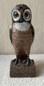 Vintage Wooden Carved Hand Painted Owl Perched On Driftwood 7.75” - Picture 1 of 16