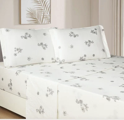 Shanon Black White Floral 100% Cotton Sheet Set with Pillowcase French Country - Image 1 of 2