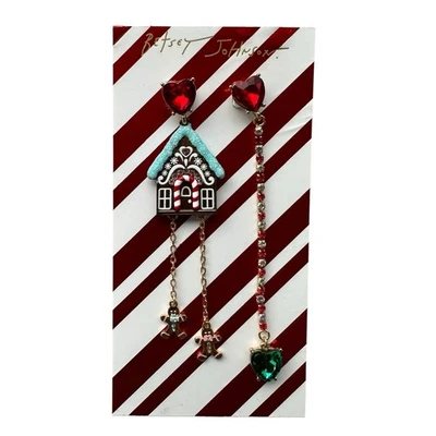 Pendientes colgantes corazón rojo Betsey Johnson Jingle Bell pan de jengibre casa niña niño Foto 1 de 2