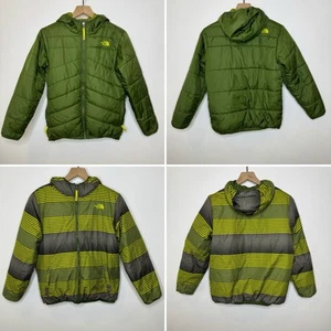 Boys Medium The North Face Reversible Puffer Jacket Green stripe Large L 14-16 - Picture 1 of 14