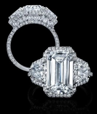 4.9 ct G VS2/SI1 emerald cut diamond 3 stone antique halo handmade ring 18k gold - Image 1 of 4