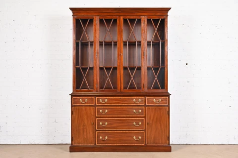 Henkel Harris Georgian Carved Mahogany Lighted Breakfront Bookcase Cabinet Cover