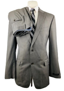 New Tommy Hilfiger Mens 42L Gray Stripe Wool 2 Piece Suit With Dress Pants 36x38